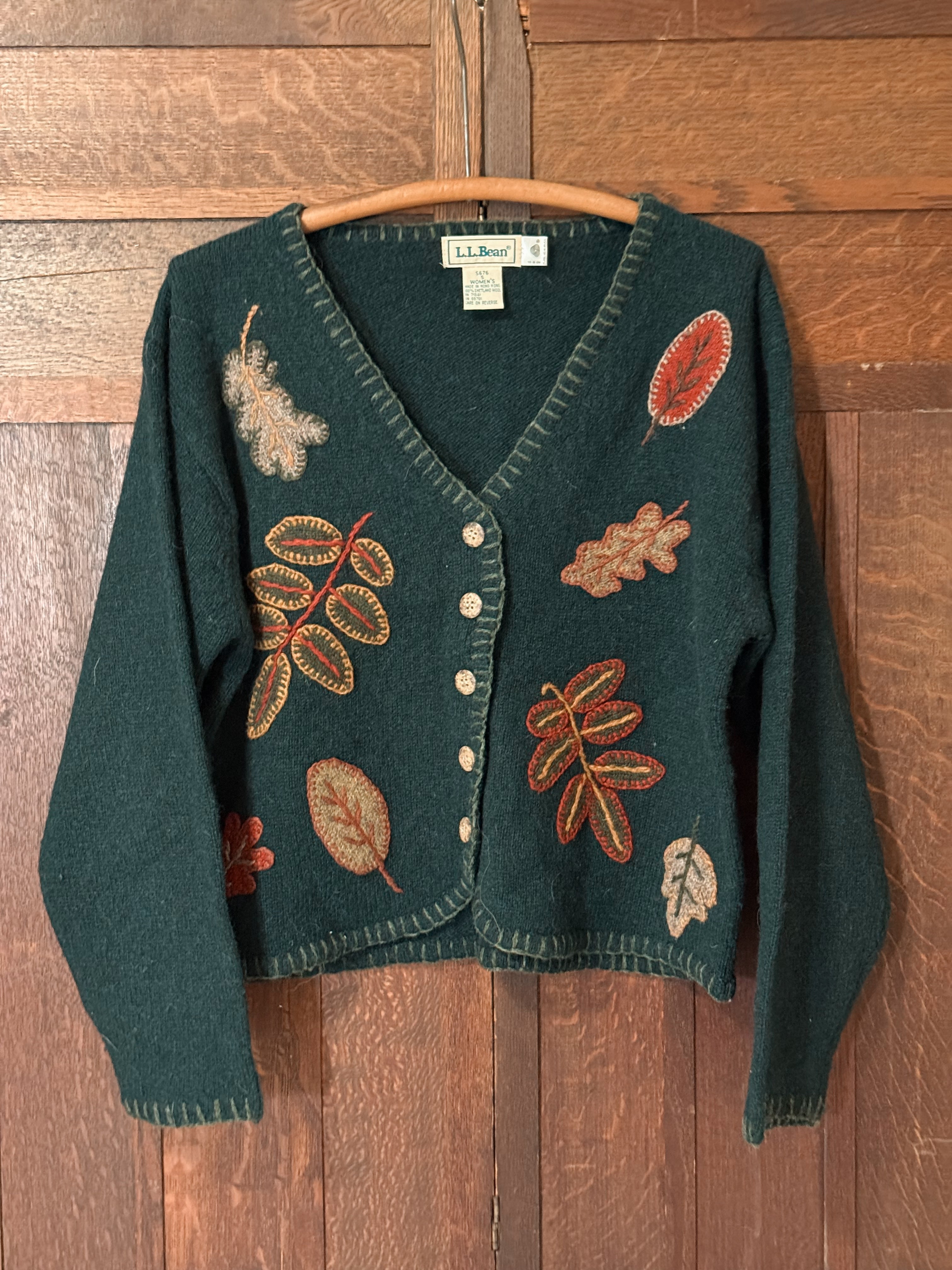 L.L.Bean Shetland Wool Embroidered Cardigan